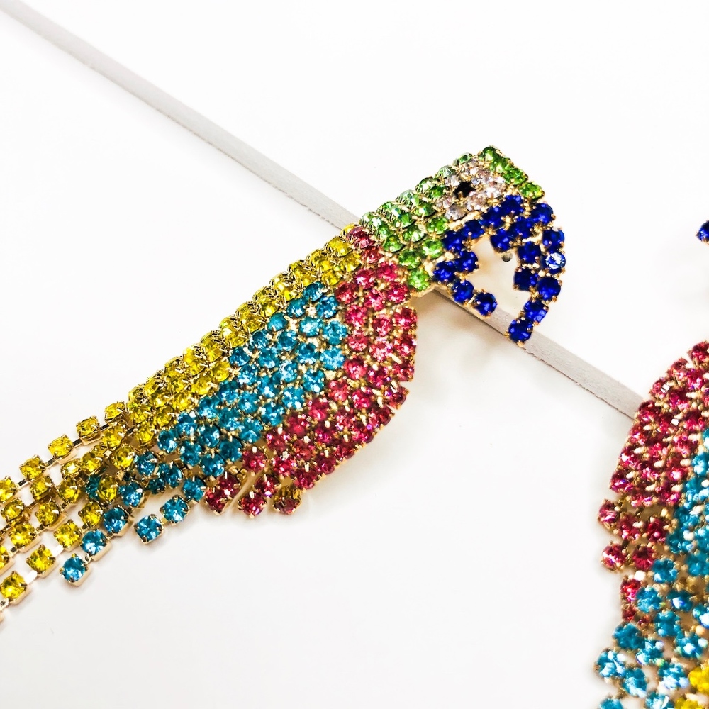 Milena Parrot Rhinestone Dangle Statement Earrings - Picture 3 of 5